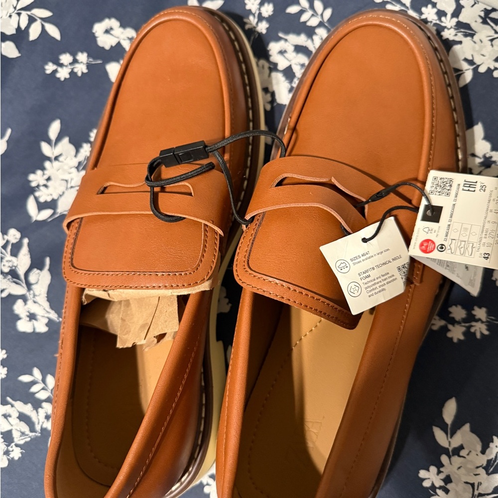 Zara Tan Leather Loafers with Moccasin Stitching
